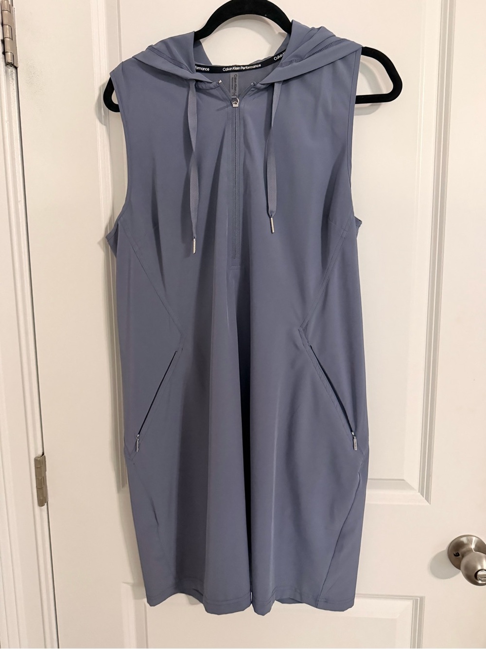 Calvin Klein- Sleeveless Hooded Zip-Front Dress in Dusty Blue- Performance